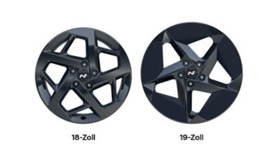 Nahaufnahme des 19-Zoll-Leichtmetallrads der N Line an einem roten Hyundai IONIQ 3 N Line.