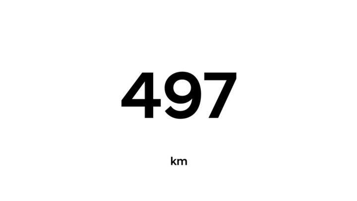 Animation showing 497 km all-electric driving range of the Hyundai IONIQ 3.