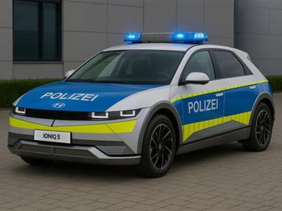 Hyundai IONIQ 5 German police car with flashing blue lights on top.