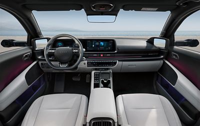 Cockpit of the Hyundai IONIQ 6 all-electric with white seats.