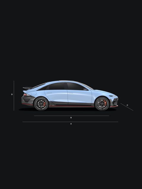 Side view of a Hyundai IONIQ 6 N, and labeled dimensions on a dark background.