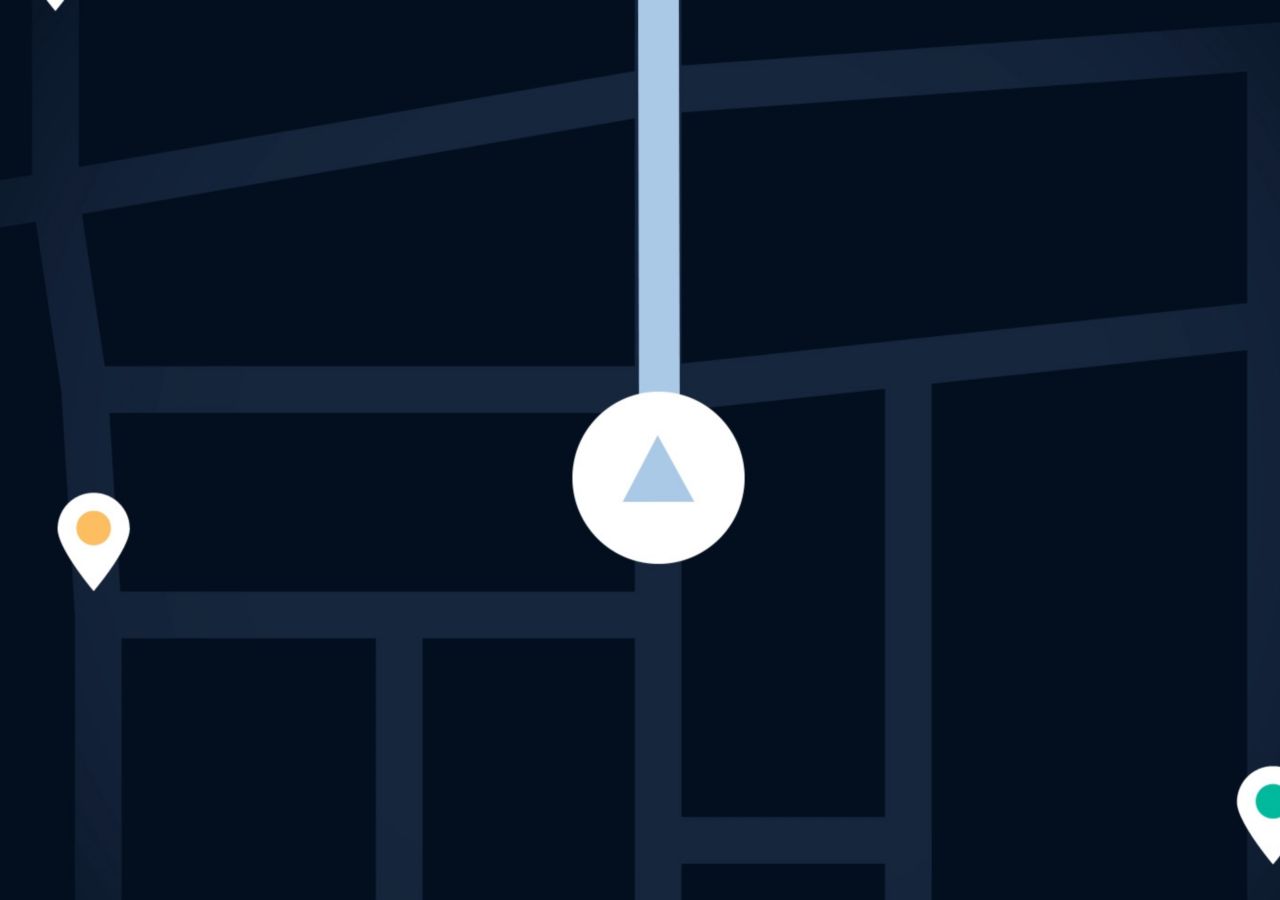 Dark map interface with a central navigation icon and three location markers in different colours.