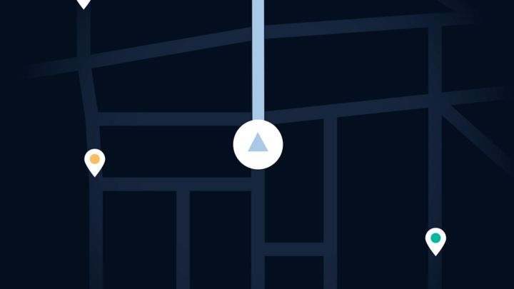 Dark map interface with a central navigation icon and three location markers in different colours.