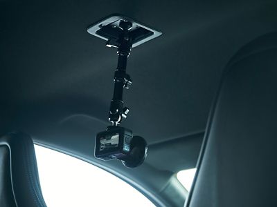 Action camera mounted to the interior ceiling of a Hyundai IONIQ 6 N.