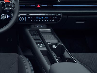 Center console of the Hyundai IONIQ 6 N, featuring modern controls and storage compartments.