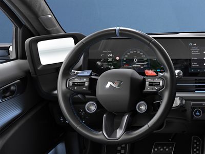 Steering wheel and digital dashboard of a Hyundai IONIQ 6 N with performance display.