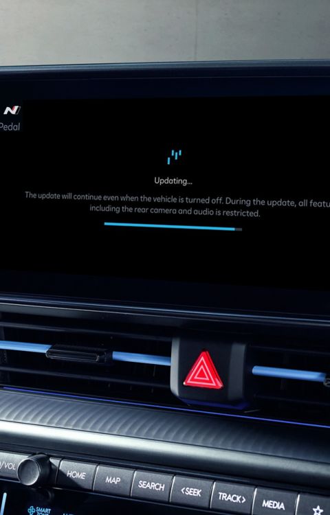 Interiér vozu Hyundai IONIQ 6 N zobrazující dvojité digitální displeje s obrazovkou průběhu aktualizace přes mobilní síť (OTA).