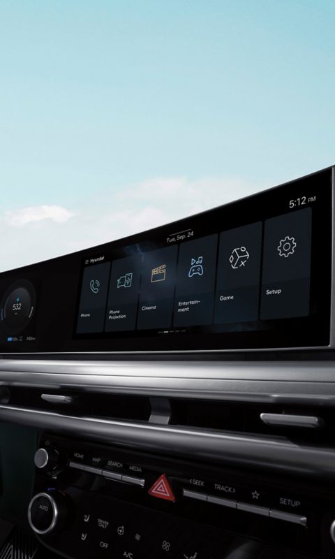 Panoramic Curved Display in Hyundai IONIQ 9 with 12.3” digital cluster and 12.3” centre touchscreen.