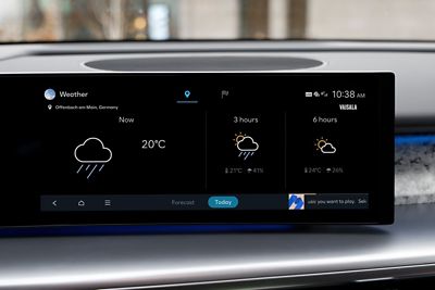 Hyundai IONIQ 9 interior display showing live weather forecast and location-based information.