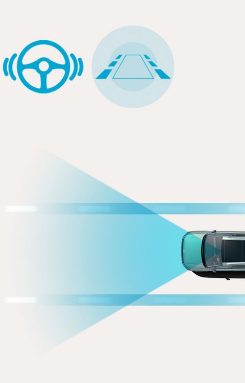 Lane Following Assist: Overhead view of a Hyundai IONIQ 9 maintaining its position within lane markings as forward sensors monitor the road.