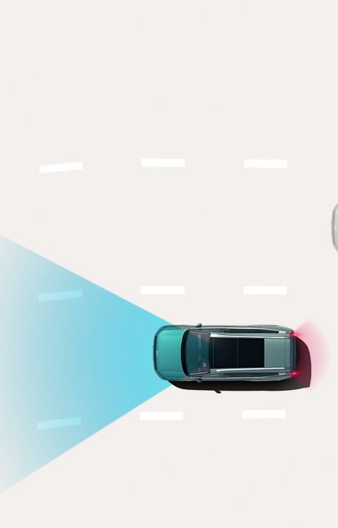 Navigation-based Smart Cruise Control: Hyundai IONIQ 9 adjusts speed using forward sensors while driving on a multi-lane road.