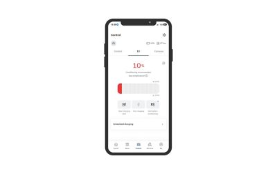 Smartphone screen showing an electric vehicle app with battery level at 10%, charging options, and scheduled charging controls.