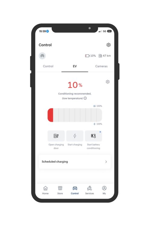 Smartphone screen showing an electric vehicle app with battery level at 10%, charging options, and scheduled charging controls.