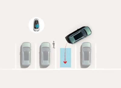 Remote Smart Parking Assist 2: Hyundai IONIQ 9 parks itself into a marked space via remote control while a pedestrian stands nearby.