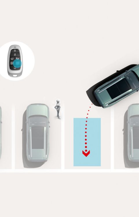 Remote Smart Parking Assist 2: Hyundai IONIQ 9 parks itself into a marked space via remote control while a pedestrian stands nearby.