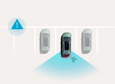 Reverse Parking Collision-Avoidance Assist: Overhead view of a Hyundai IONIQ 9 reversing into a parking space while sensors detect an obstacle behind the vehicle.