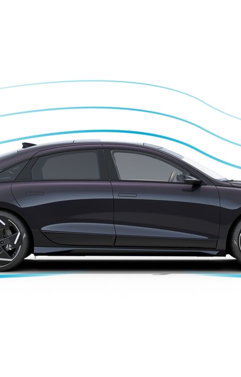 The new Hyundai IONIQ 6 electric sedan shown with visible aerodynamic lines above the car.