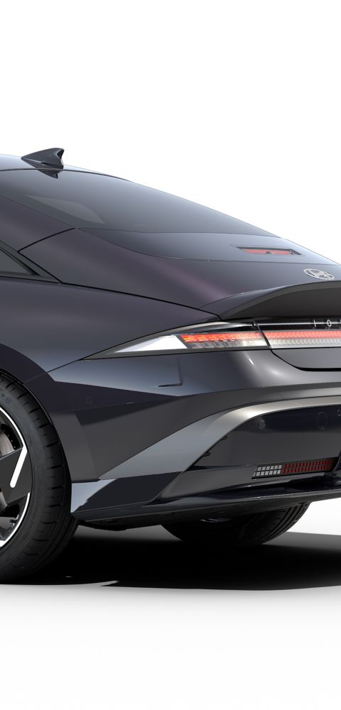Hyundai IONIQ 6 electric sedan close up of rear 3/4 view.