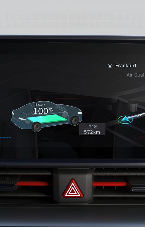 The 12.3" infotainment touchscreen inside the Hyundai IONIQ 6 showing charge level and driving range.