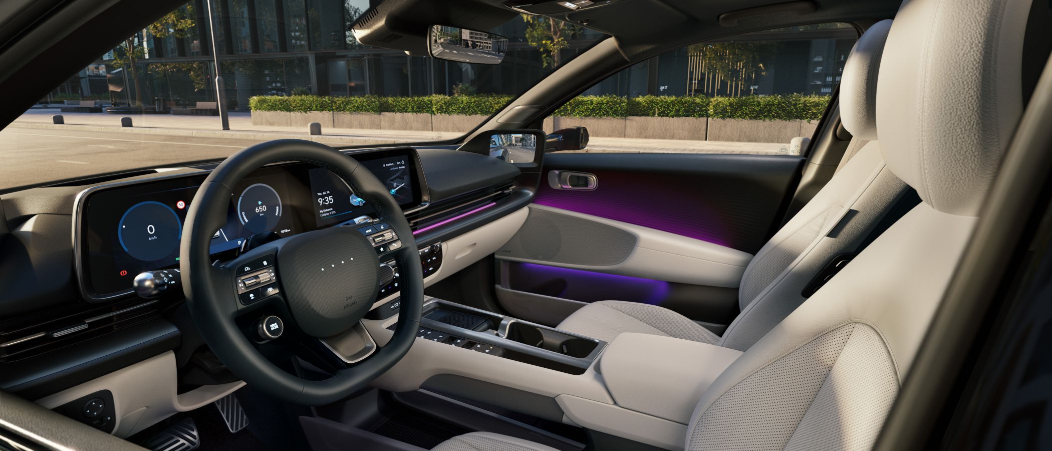 A view of the new Hyundai IONIQ 6’s cocoon-like cabin from the driver's window.