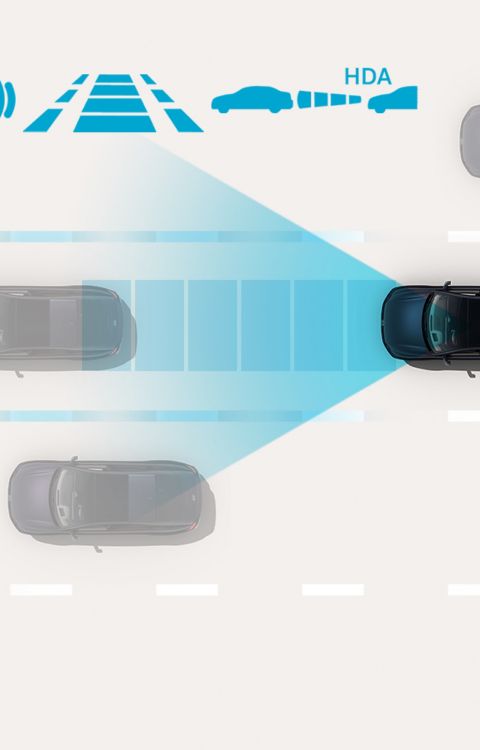 Highway Driving Assist: Hyundai IONIQ 6 maintains a safe distance and lane position on highways by monitoring surrounding traffic and assisting with speed and steering control.