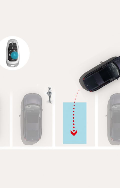 Remote Smart Parking Assist 2: Hyundai IONIQ 6 parks itself into a marked space via remote control while a pedestrian stands nearby.