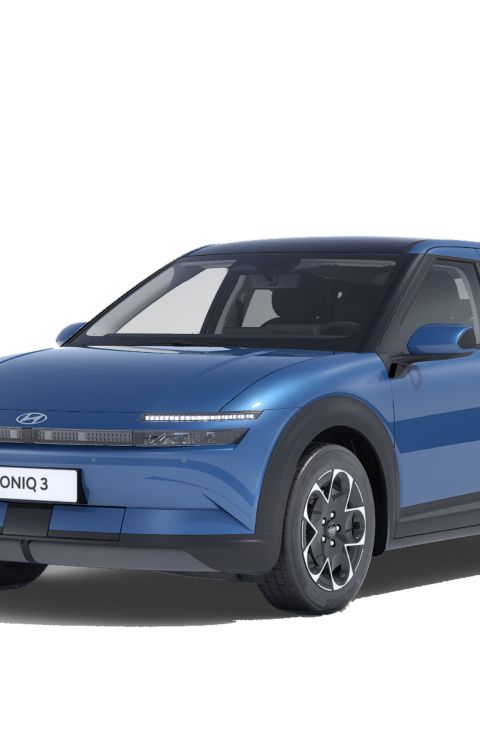 Mid Trim Hyundai IONIQ 3 shown 3/4 side view in Vibrant Blue Pearl exterior colour.