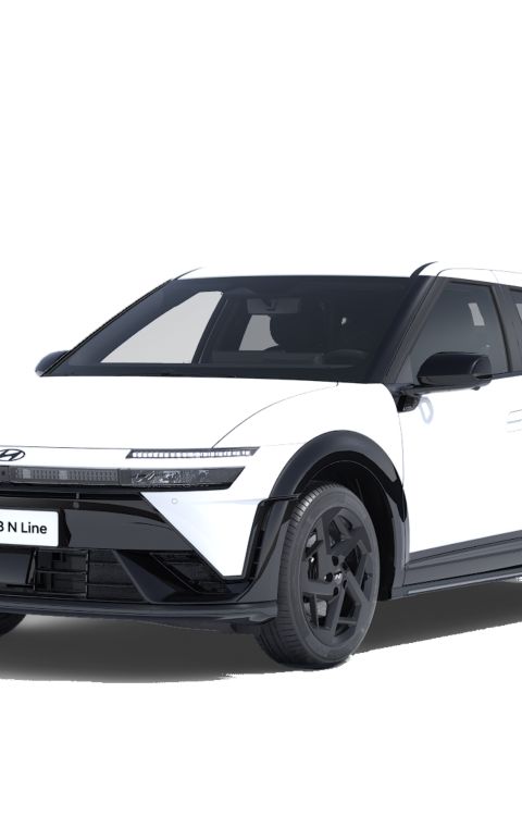 Mid N Line Trim Hyundai IONIQ 3 shown 3/4 side view in Atlas White exterior colour.