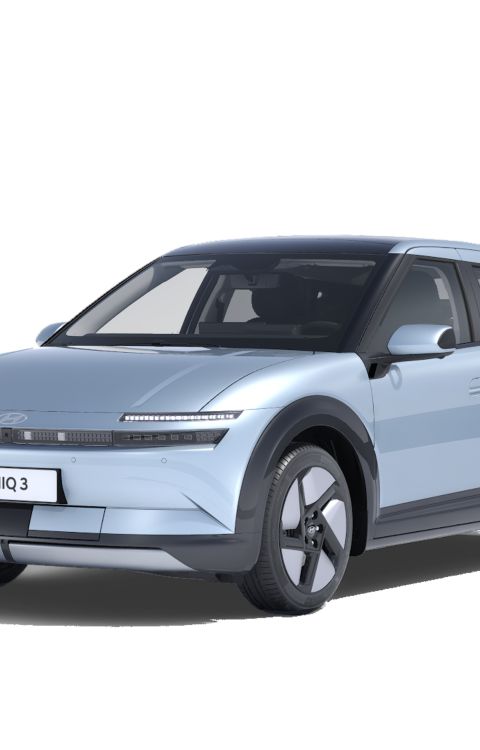 Top Trim Hyundai IONIQ 3 shown 3/4 side view in Ice Blue Pearl exterior colour. 