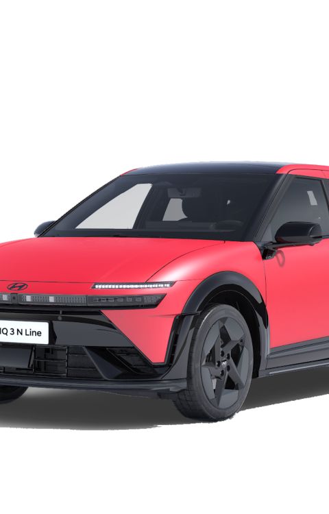 Top N Line Trim Hyundai IONIQ 3 shown 3/4 side view in Fierce Red Solid exterior colour.