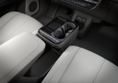 The centre console with charging pad, cupholder and buttons for seat heating and parking cameras.