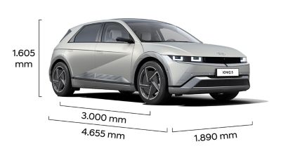 Three-quarter cut-out view of the new Hyundai IONIQ 5 with dimension figures.