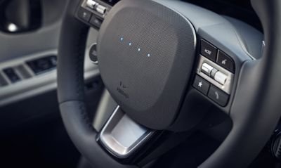 Detail of four pixel LEDs on the interactive LED steering wheel of the Hyundai IONIQ 5.