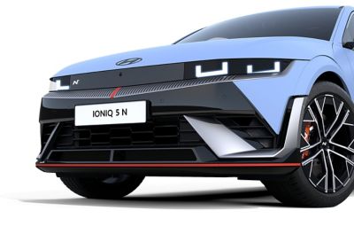 The aggressively sculpted air intakes of the Hyundai IONIQ 5 N high-performance EV. 