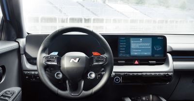 Steering wheel with N logo and dashboard of  the Hyundai IONIQ 5 N.  