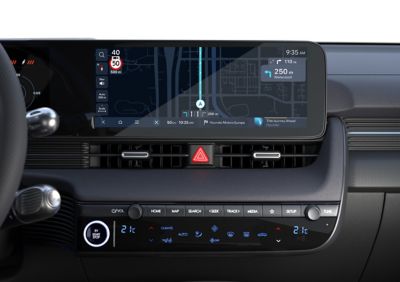 The infotainment touchscreen of the new Hyundai IONIQ 5 showing a route being calculated.