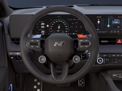 Picture of the leather steering wheel of the all-electric Hyundai IONIQ 5 N. 
