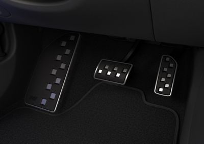 Closeup view of the sporty pedals inside the Hyundai IONIQ 5 N.