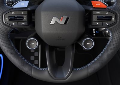 Picture of the leather N steering wheel in the all-electric Hyundai IONIQ 5 N. 