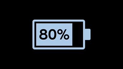 Battery icon showing 80% charge, illustrated in blue on a black background.