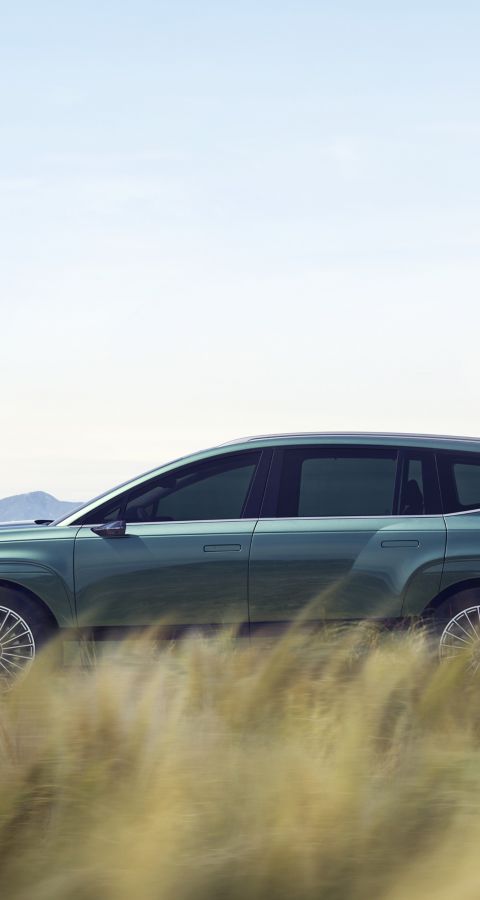 Boční pohled na model IONIQ 9 jedoucí krajinou.
