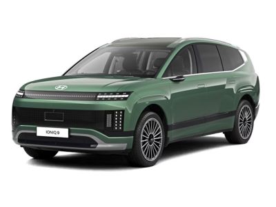 Hyundai IONIQ 9 el-SUV, framifrån i sned vinkel, grön.