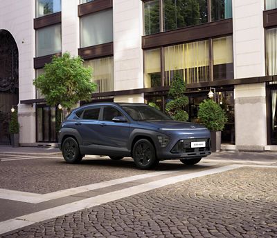 A front view of Hyundai KONA Black Package parked on the street.