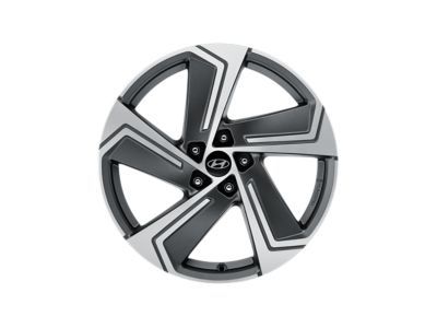 Hyundai five-spoke 19 inch alloy wheel in metal and dark grey colour.