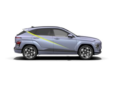 Profiel van Hyundai KONA Electric, scherpe, diagonale parametrische oppervlakken.