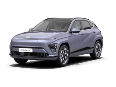 Hyundai KONA Electric SUV, framifrån i sned vinkel, ljusblå.