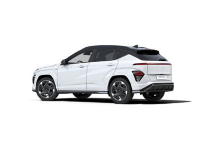 A three quarter view of the KONA Electric N Line showcases the bold and sporty 19" alloy wheels. 