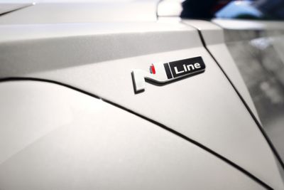 The N Line badge of the Hyundai KONA Electric N Line. 