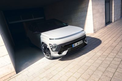 Three quarter view of the all-new Hyundai KONA Electric N Line showing its dedicated front bumper.