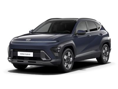 Hyundai KONA Hybrid SUV, framifrån i sned vinkel, mörkblå.